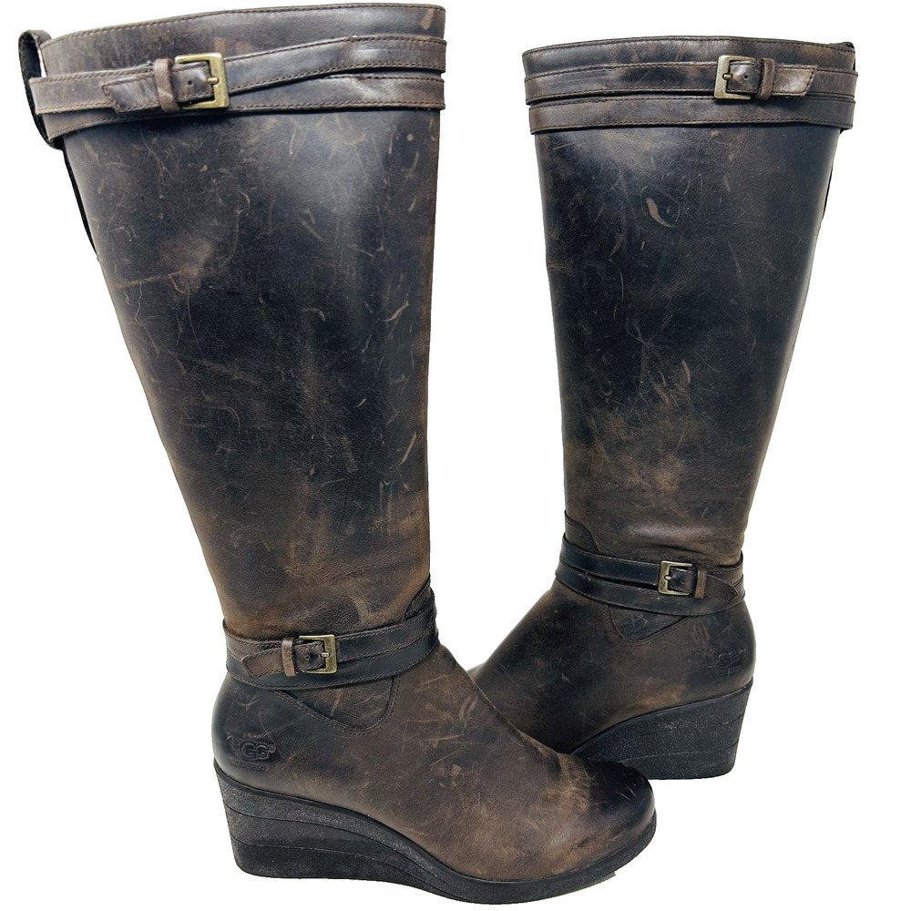 UGG Tall Leather Boots Size 8 Brown Waterproof‎ Distressed Wedge Straps Buckles
